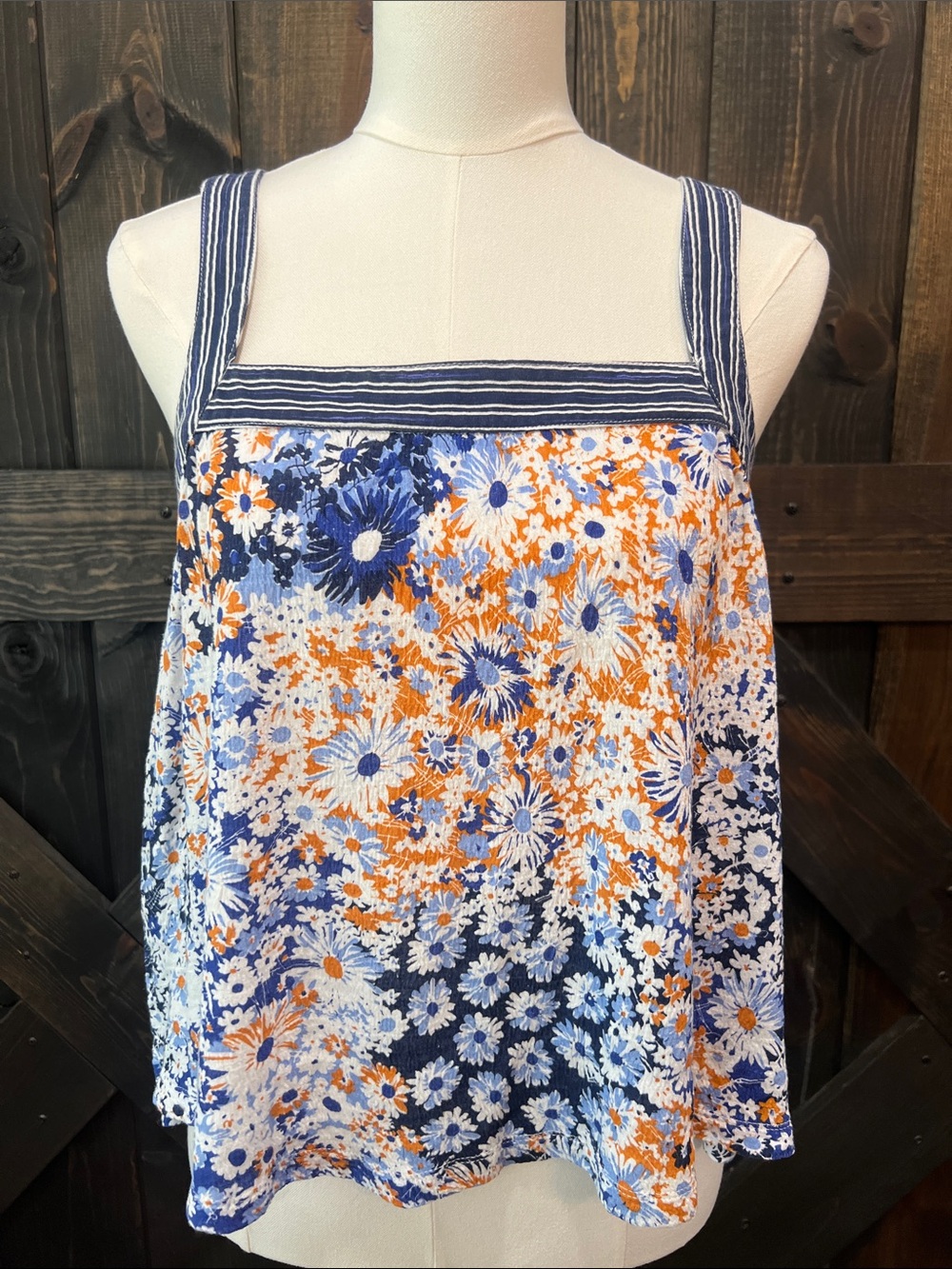 Anthropologie‎ Maeve Blue Multi Floral Stripes Tank Top S Square Neck Flowy Boho